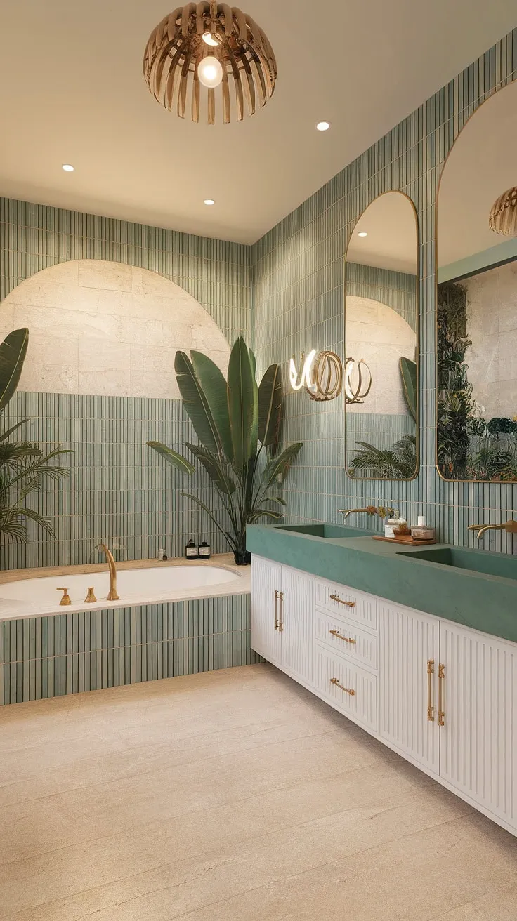 Mediterranean-inspired tiles and gold fixtures highlight a luxurious and tropical bathroom with a unique boho flair.