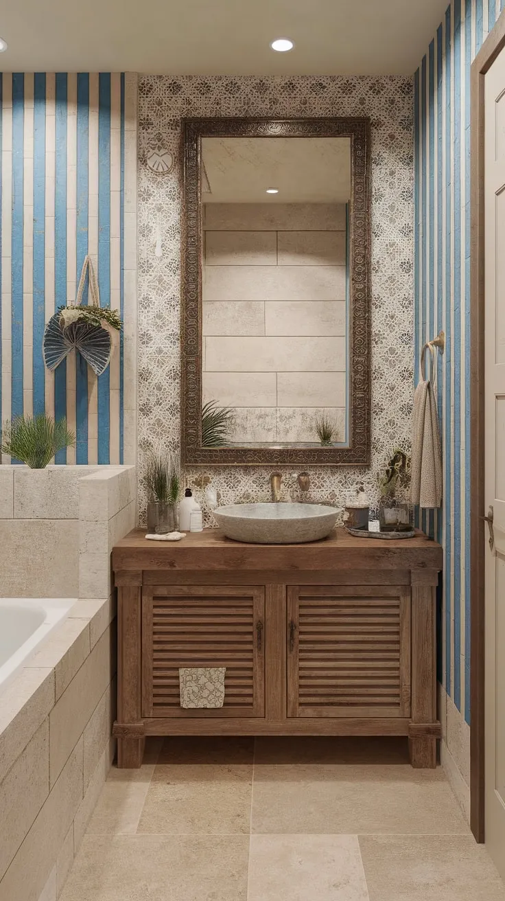 A coastal-inspired bathroom evokes tranquility with its blue and white striped walls, Mediterranean tiles, and charming wooden vanity.
