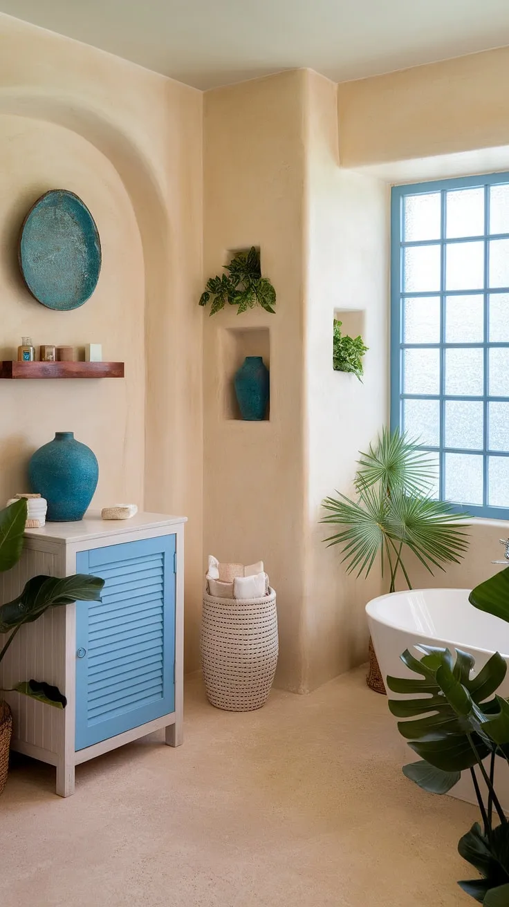 Serene coastal bathroom design features a freestanding tub, blue accents, and tropical greenery for a tranquil escape