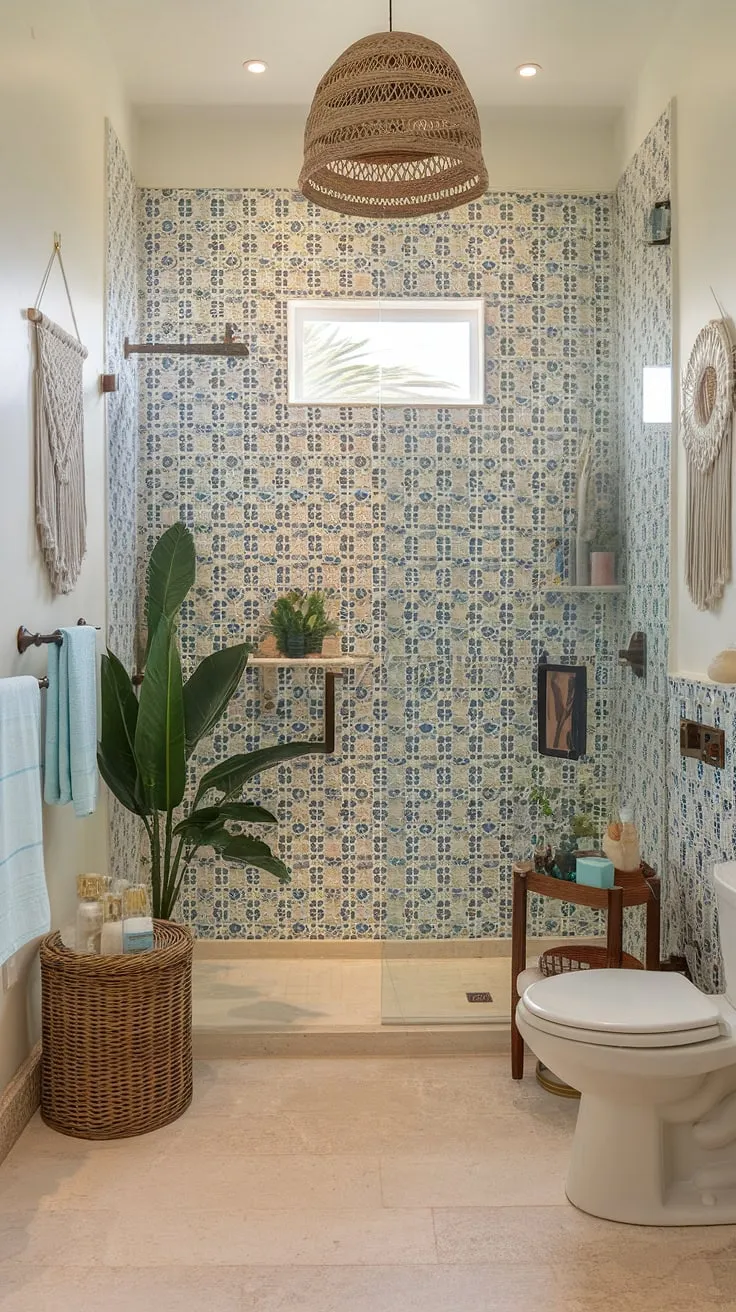 A sunlit tropical bathroom features a large shower, wicker, macrame, and blue and white tiles creating a calming coastal vibe.