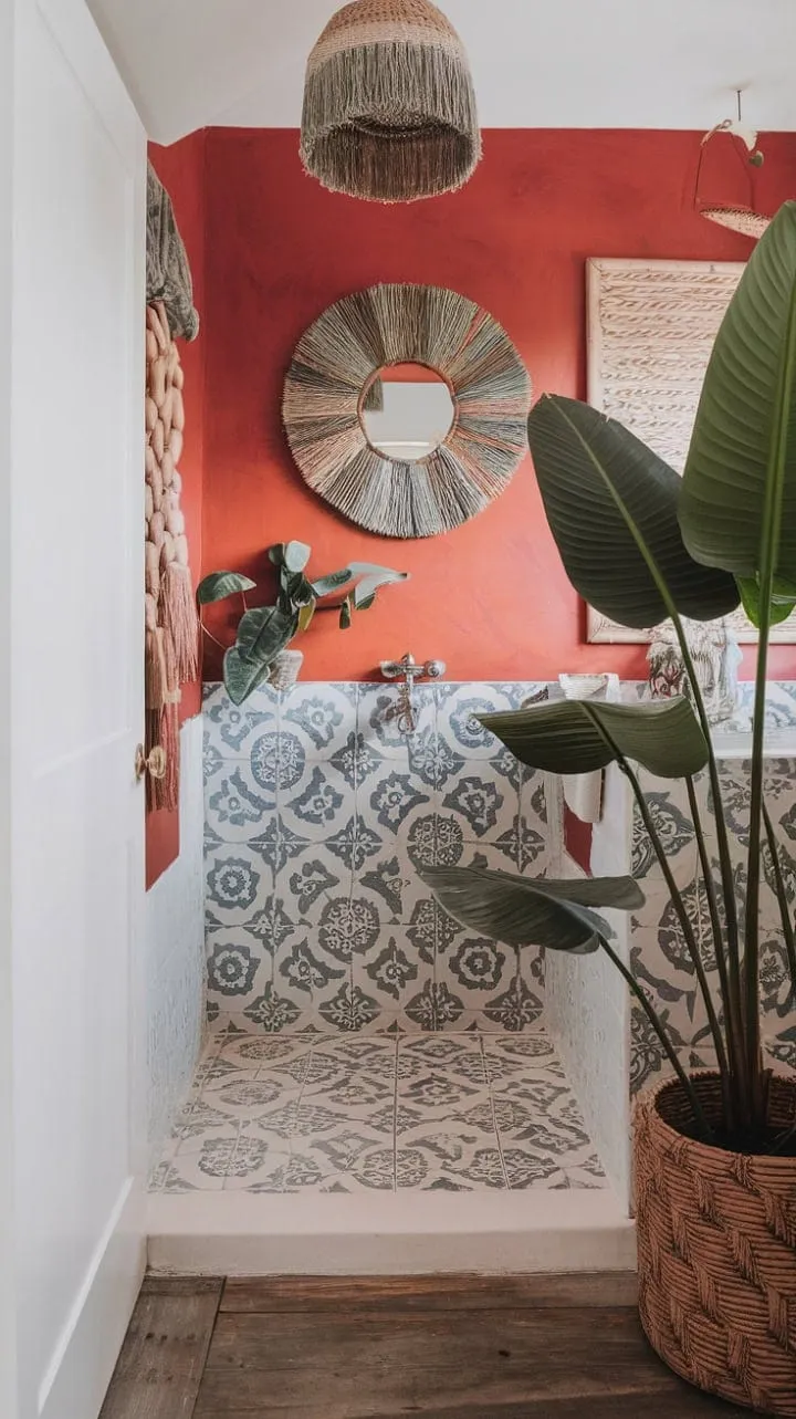 Transform your daily routine into a blissful getaway with this vibrant bathroom, where Mediterranean tiles, boho chic decor, and tropical plants harmonize under warm wood floors and sunny walls.