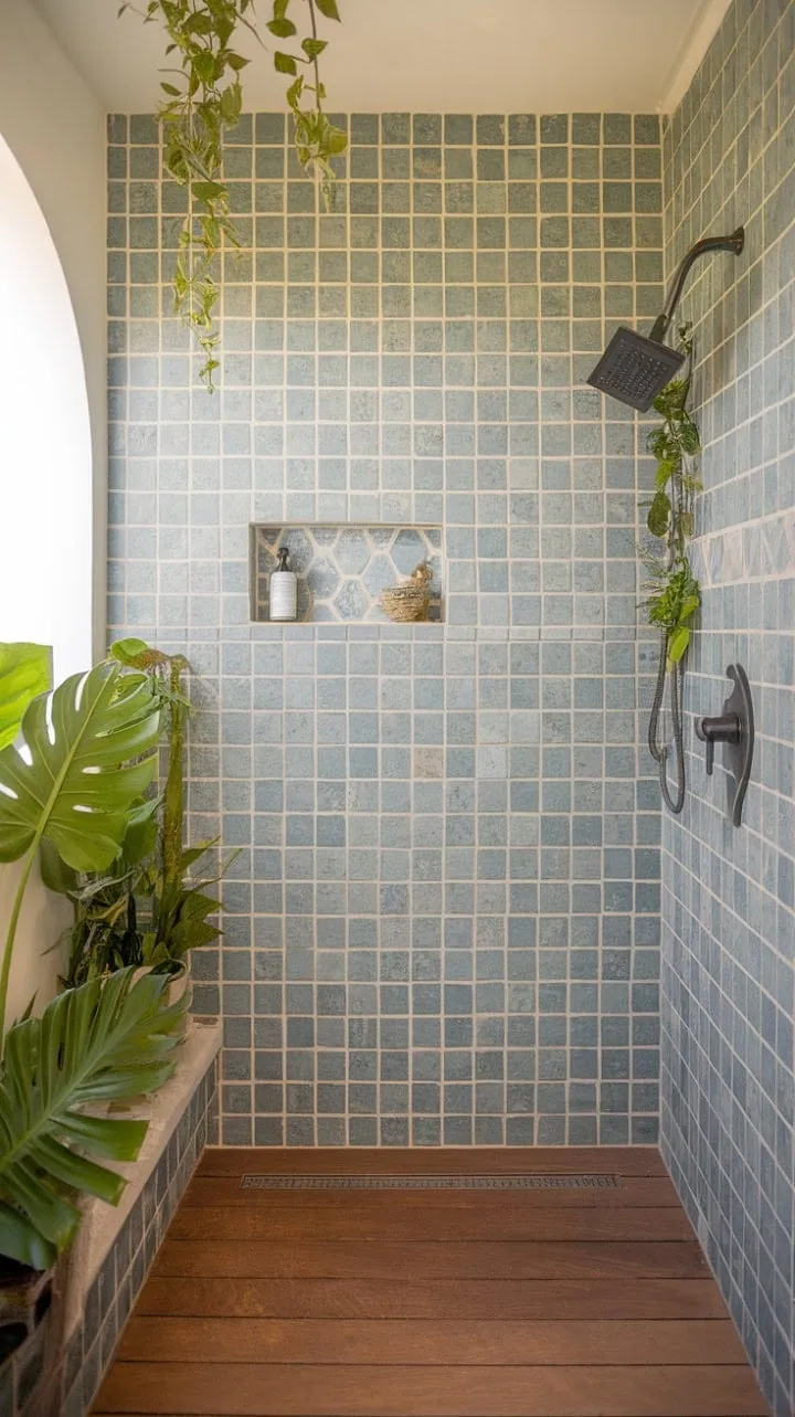 Transform your daily routine into a tropical getaway with a vibrant bathroom that fuses Mediterranean tiles and boho chic, enveloped in lush greenery and warm wood.