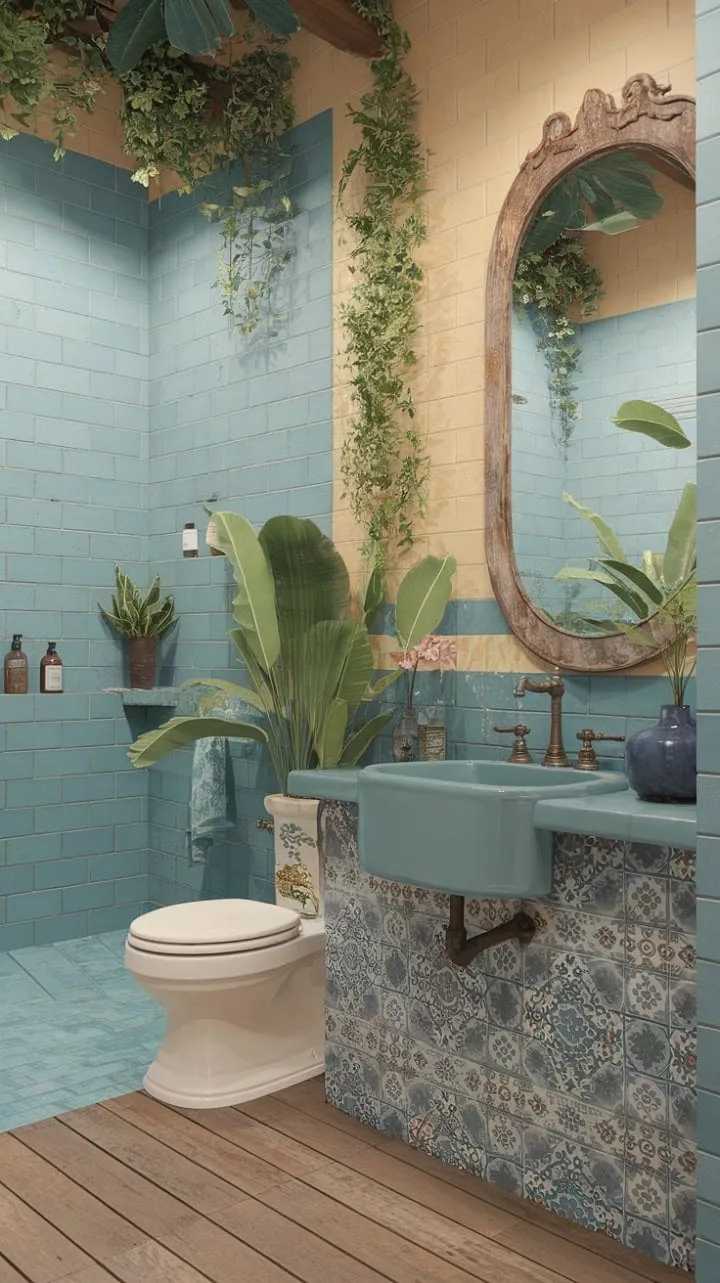 Discover a tranquil boho sanctuary where vibrant Mediterranean tiles, lush greenery, and rustic charm converge in a serene coastal bathroom.