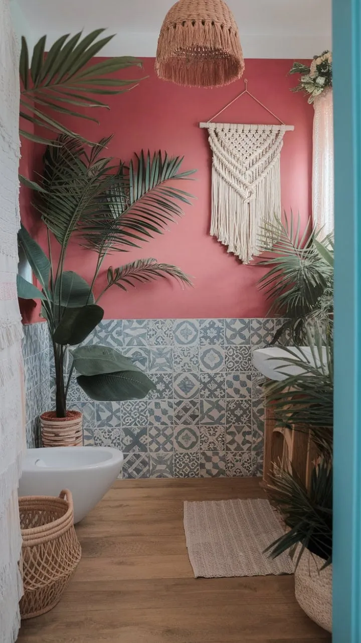 Transform your daily routine into a serene island getaway with a vibrant bathroom that fuses Mediterranean tiles and boho chic amidst warm woods and lush greenery.
