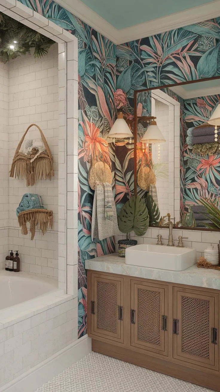 This tropical bathroom evokes a vibrant island getaway with its Mediterranean tiles, boho design, and beachy style.