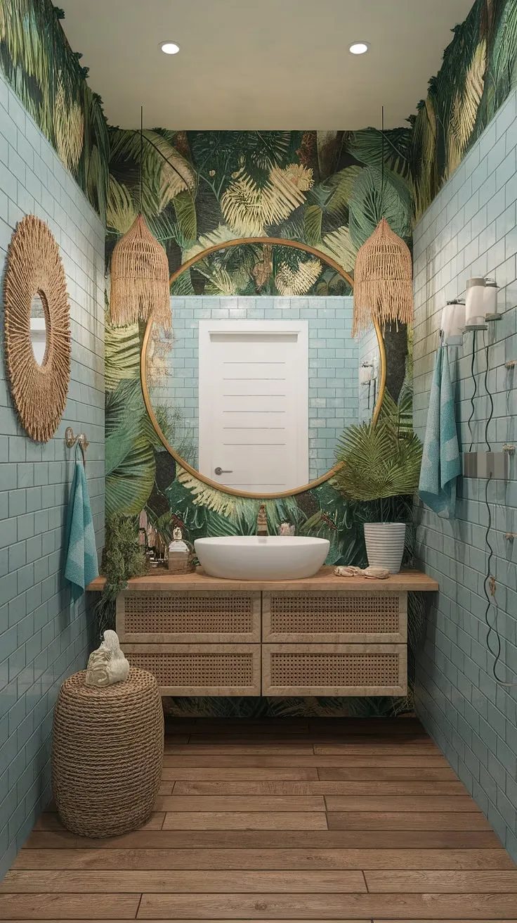 A beachy boho bathroom evokes island paradise with its coastal decor and vibrant Mediterranean design.