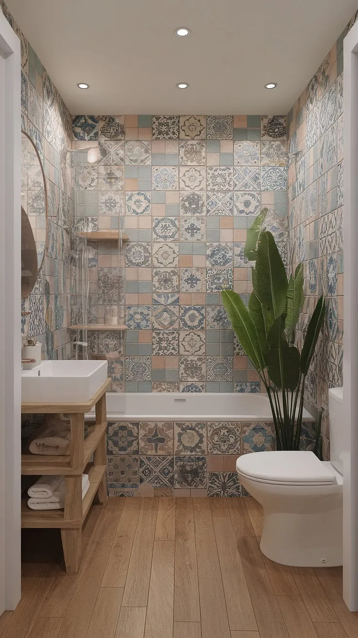 A vibrant boho bathroom boasts Mediterranean tiles, tropical decor, and beachy style elements.