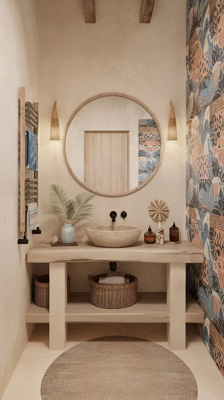 A boho-chic tropical bathroom boasts Mediterranean tiles, natural wood and stone fixtures, and island-inspired wall patterns for a relaxing coastal retreat.