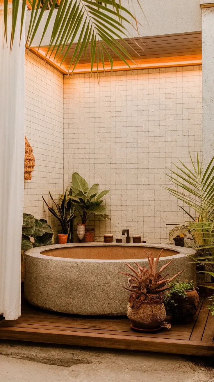 Warm lighting enhances a bohemian-style tropical bathroom featuring a stone bathtub on a wooden platform, surrounded by lush greenery