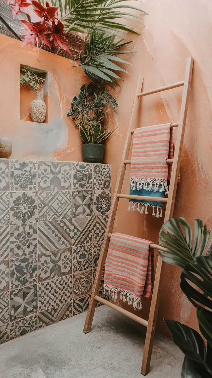 A coastal-inspired bathroom evokes tropical paradise with patterned walls, a wooden towel ladder, and concrete flooring.