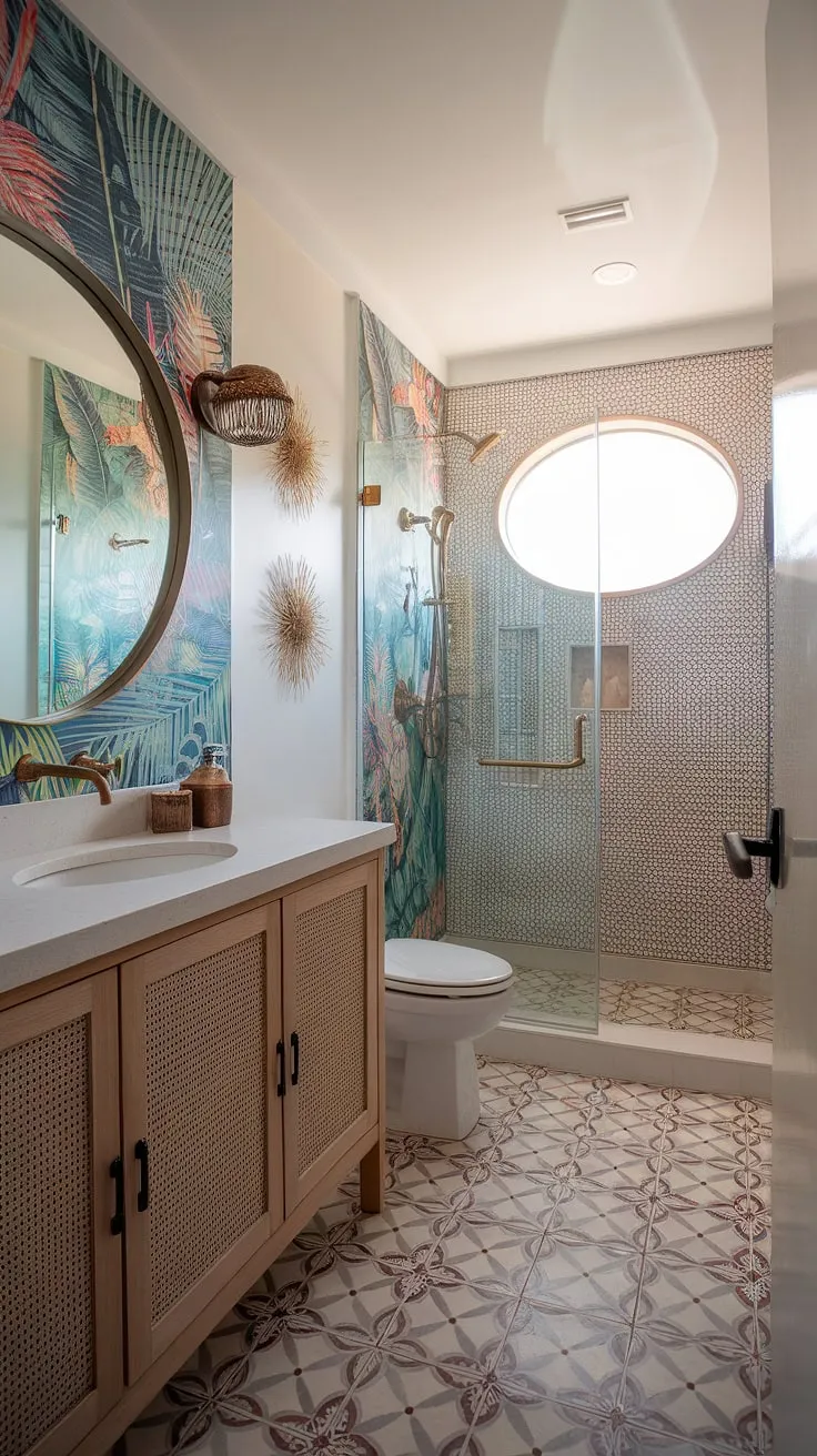 A bright, airy bathroom evokes a tropical getaway with unique tilework, patterned walls, and stylish fixtures.