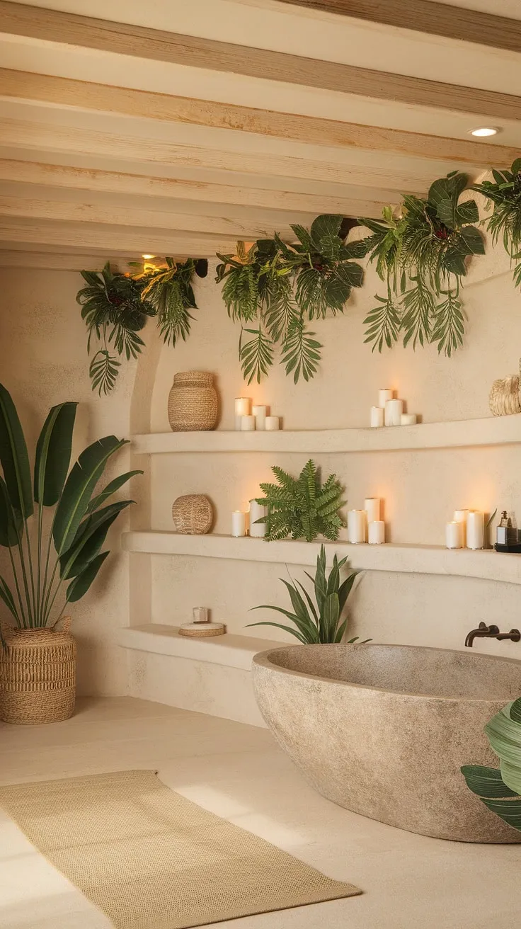 A Mediterranean-inspired bathroom blends beige tones, wooden accents, and tropical plants for a relaxing atmosphere.