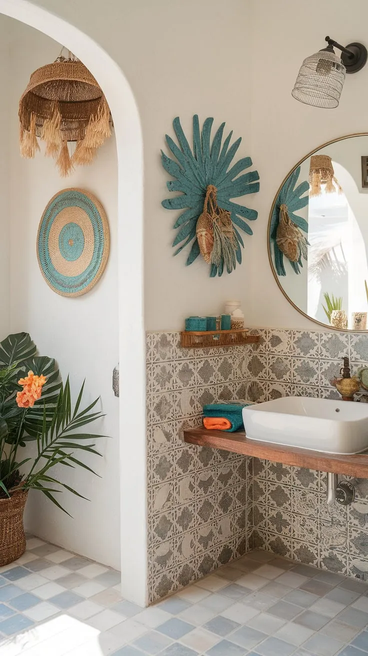 A beachy, boho bathroom bathed in natural light boasts vibrant island decor and Mediterranean-inspired tiles.