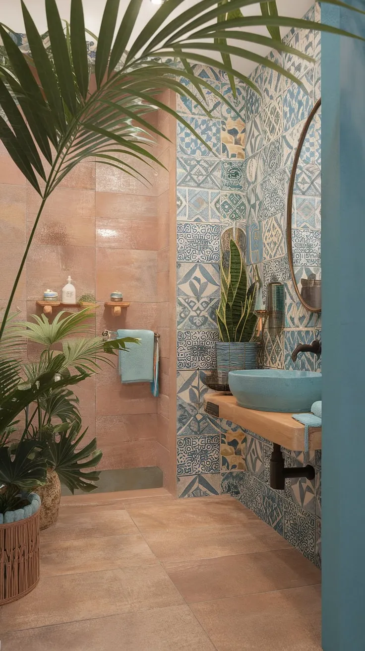 A coastal-inspired island bathroom evokes a tranquil beachside escape with its vibrant design and Mediterranean tilework.