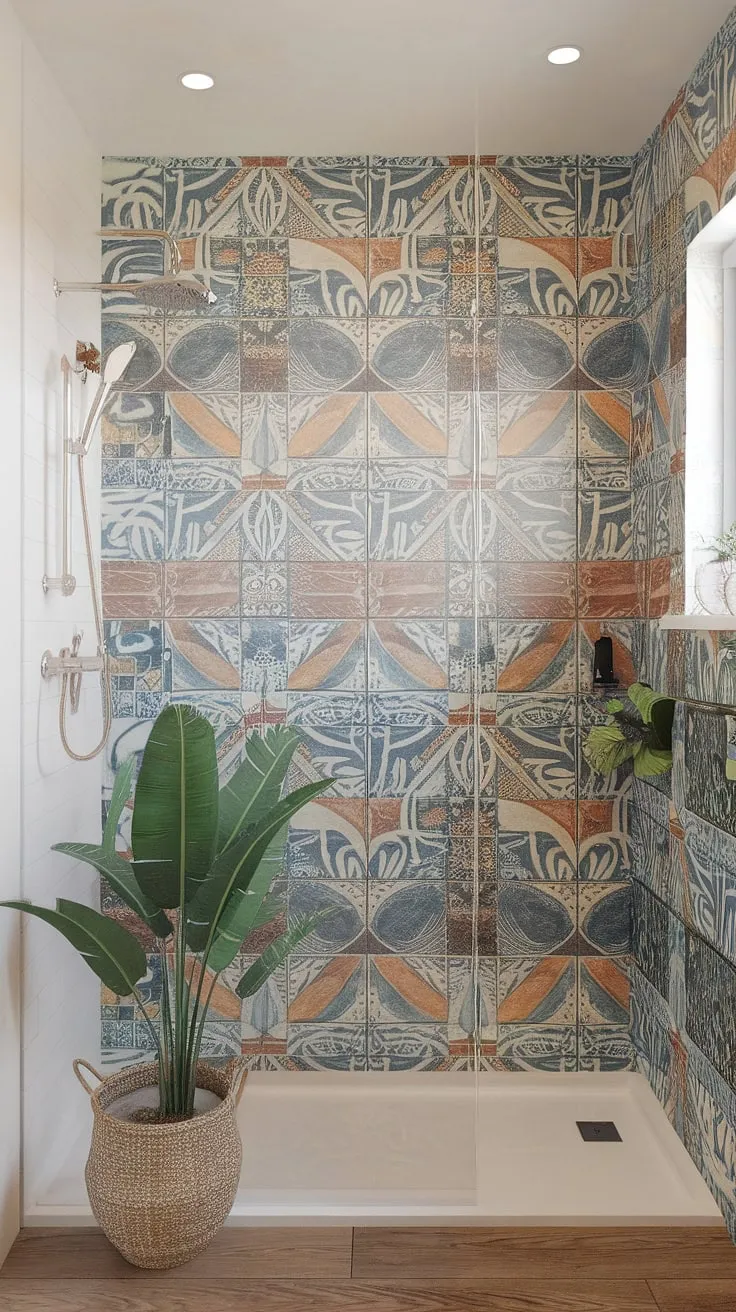 Escape to a vibrant boho bathroom featuring Mediterranean tiles, tropical decor, and wood floors