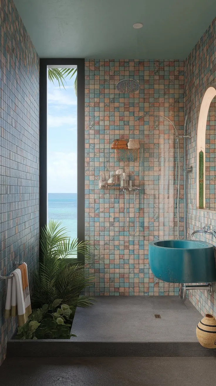 A boho-chic tropical bathroom offers a serene coastal retreat with stunning ocean vistas.
