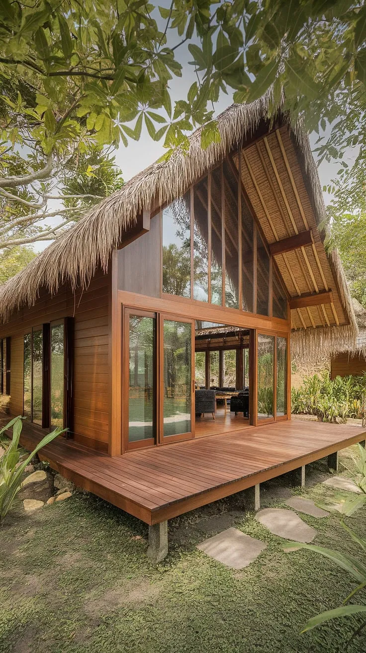 Lush greenery surrounds a modern Thai wooden house with a thatched roof, large windows, and a deck, perfectly embodying tropical house design.