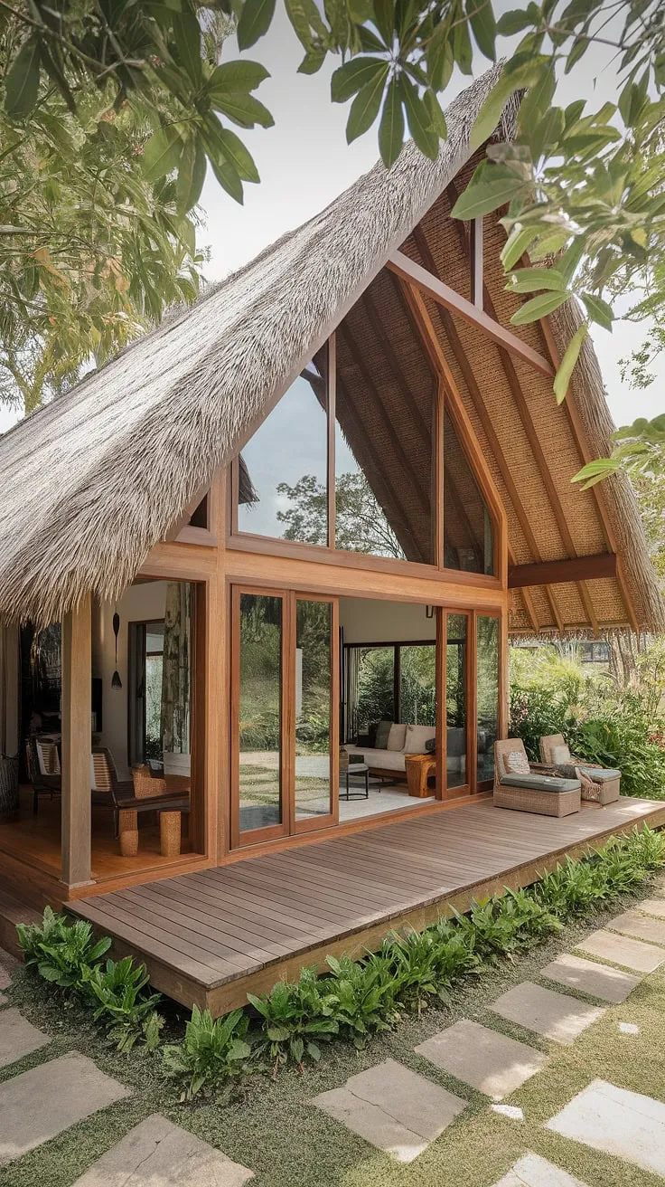 Lush greenery surrounds a modern Thai house featuring a thatched roof, wooden deck, and large windows, perfectly embodying tropical house design.