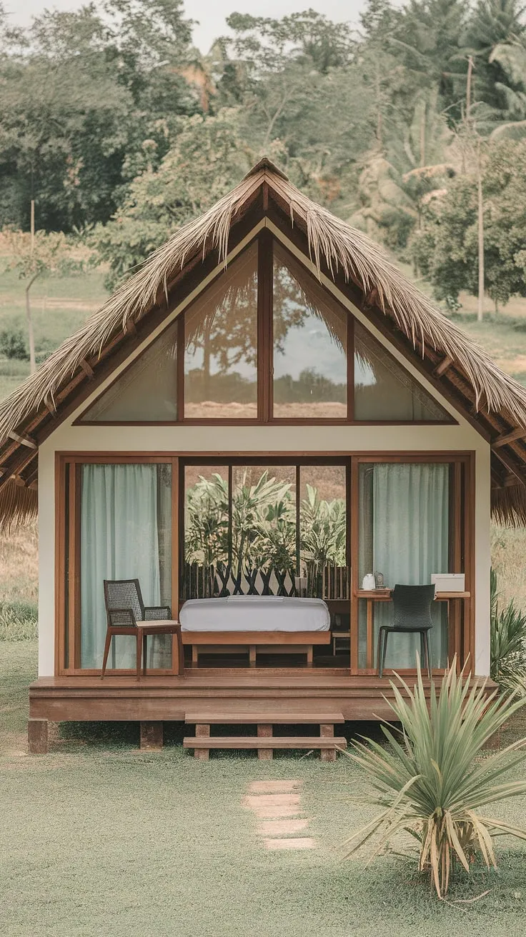 A minimalist Thai stilt house, thatched roof and all, offers a tranquil escape into lush tropical surroundings.