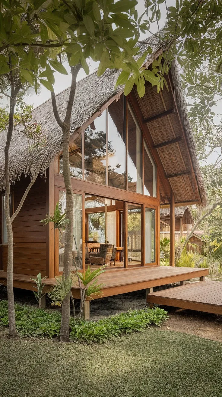 Lush greenery surrounds a serene Thai wooden house with a thatched roof, large windows, and a peaceful deck, perfectly embodying tropical house design.