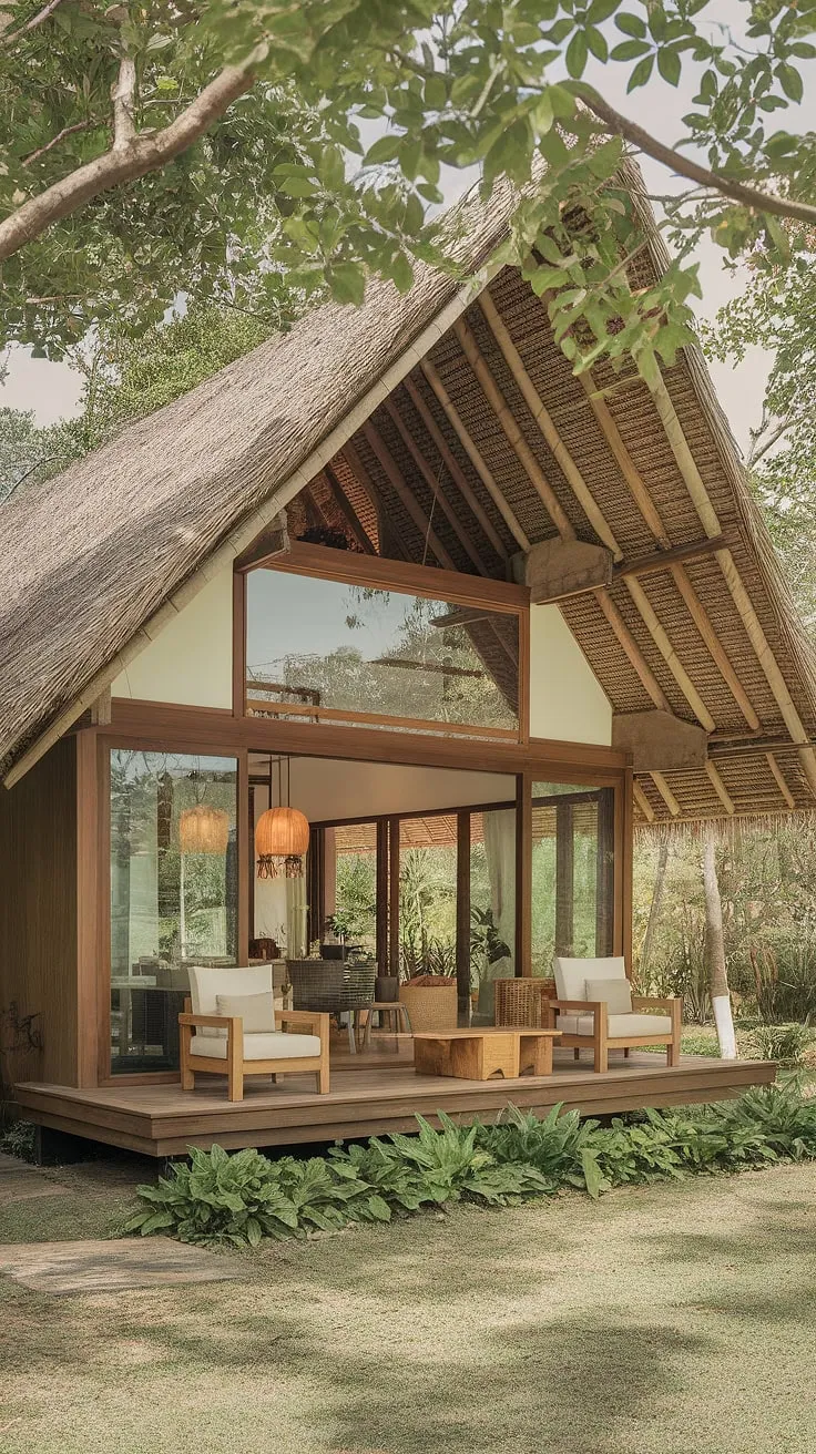 Sunlight streams into a modern Thai house, its thatched roof and wooden structure blending beautifully with the surrounding tropical landscape