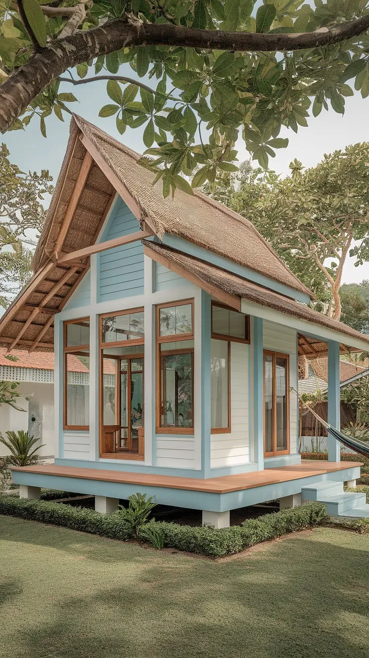 A light blue and white Thai house, nestled in tropical greenery, offers a tranquil escape.