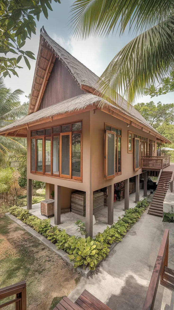 Earthy-toned Thai architecture blends modern design with tropical paradise surroundings
