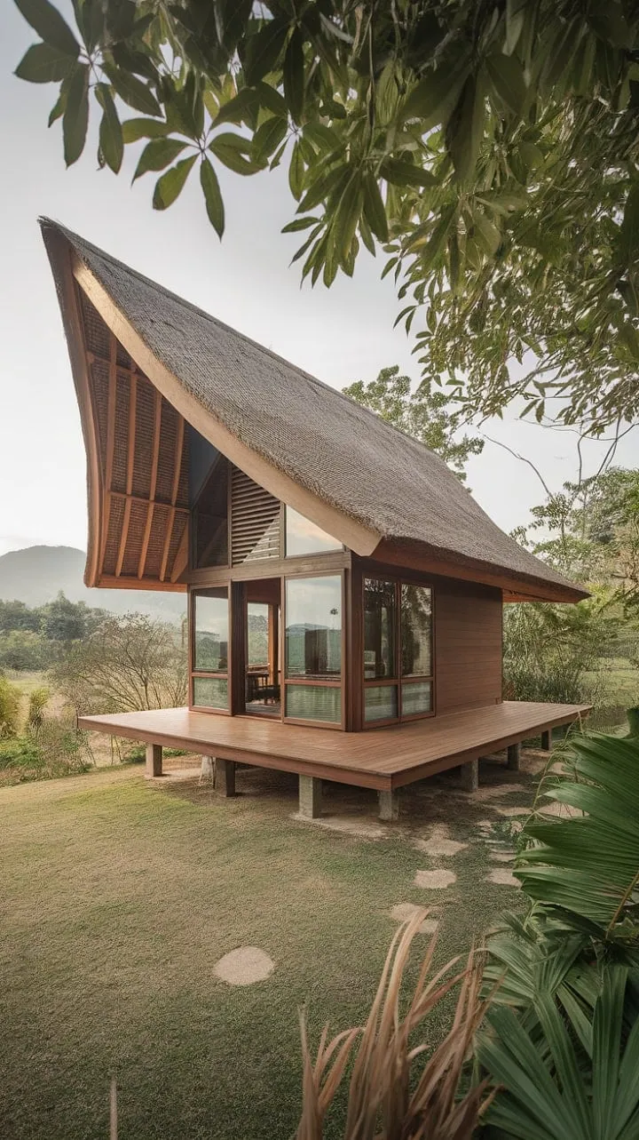 This breathtaking tropical retreat harmoniously fuses modern Thai architecture with nature, featuring elegant curves and protective thatched roofs for an idyllic escape.