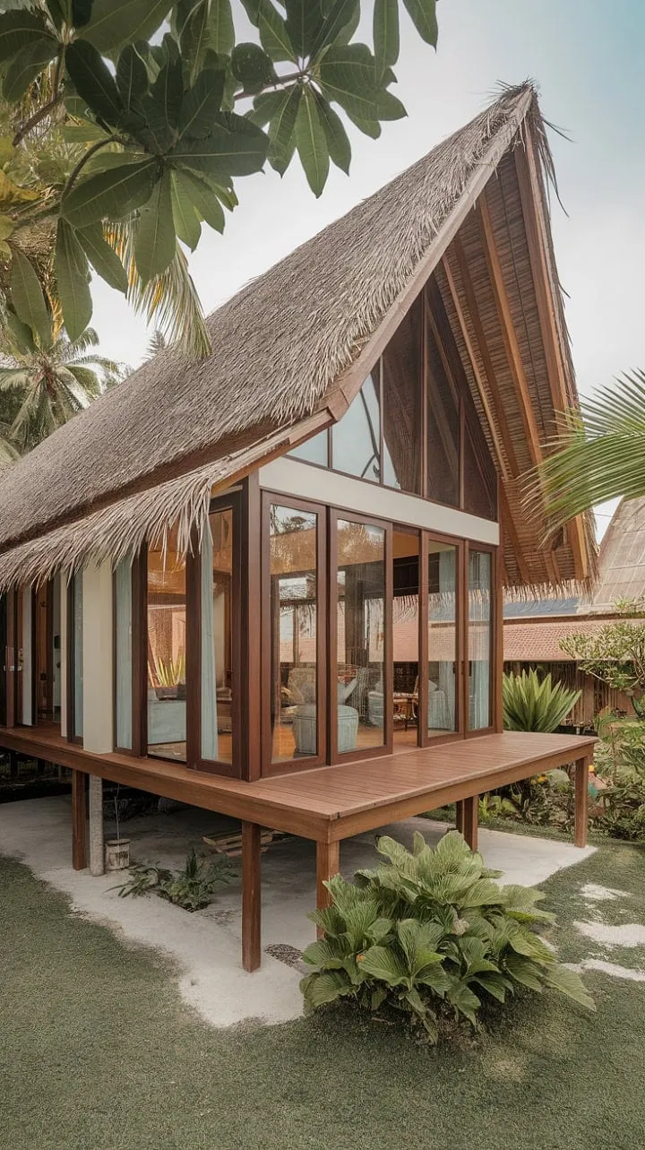 Discover a serene Thai-inspired retreat where modern luxury harmonizes with traditional charm amidst lush greenery, inviting you to unwind in a tropical paradise.