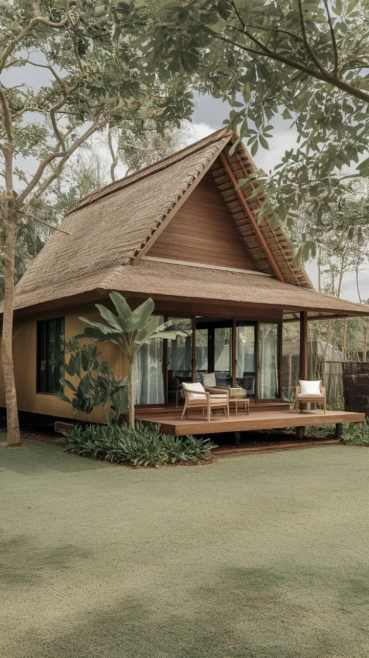 Experience a serene escape in this modern Thai home, where traditional charm meets contemporary comfort amidst lush greenery.