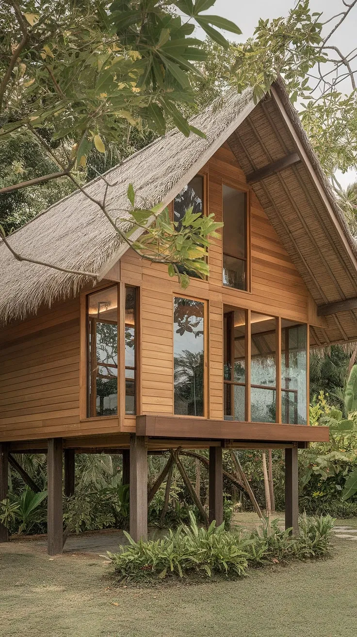 Elevated Thai wood and thatch house showcases idyllic tropical living.