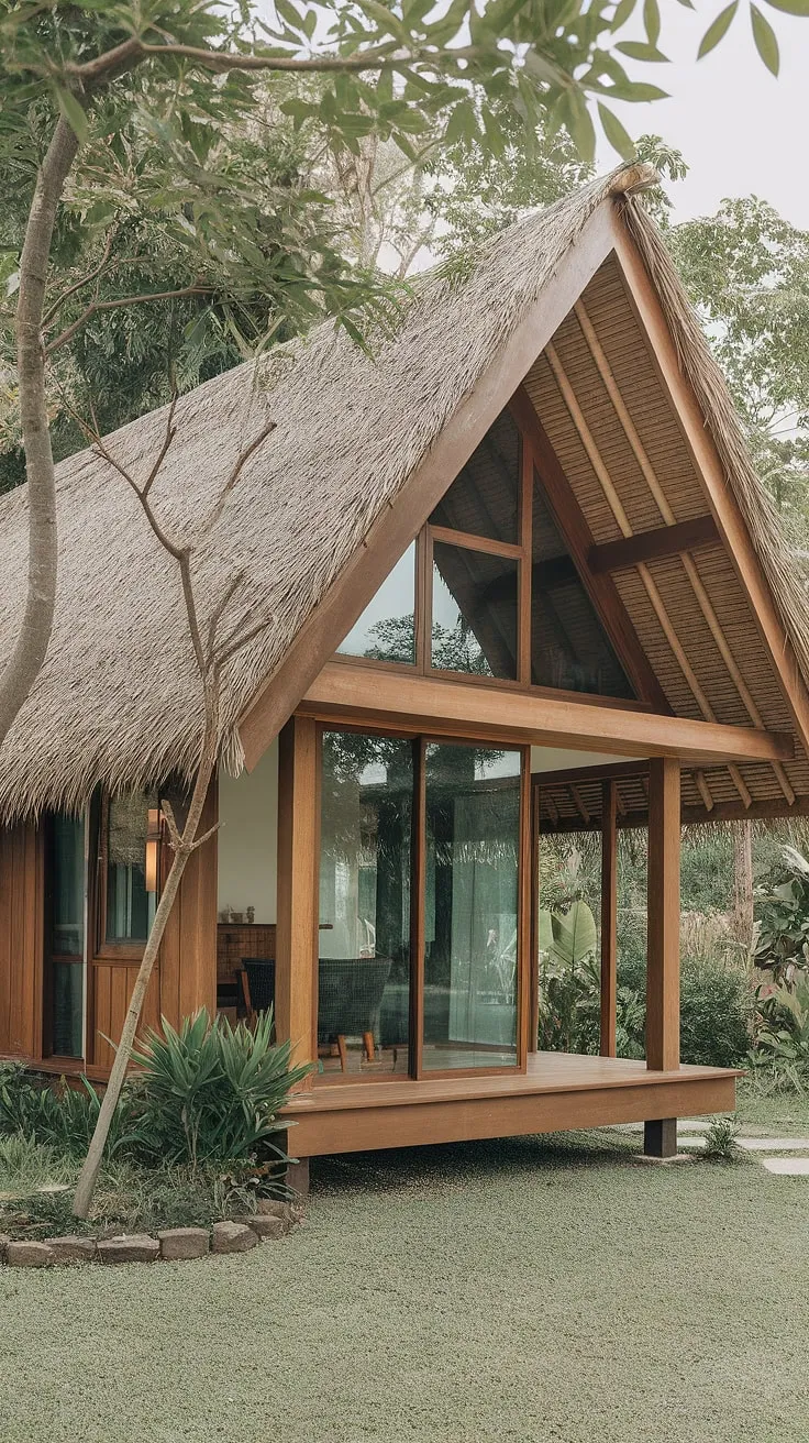 Lush greenery surrounds a peaceful Thai home with a thatched roof and wooden structure