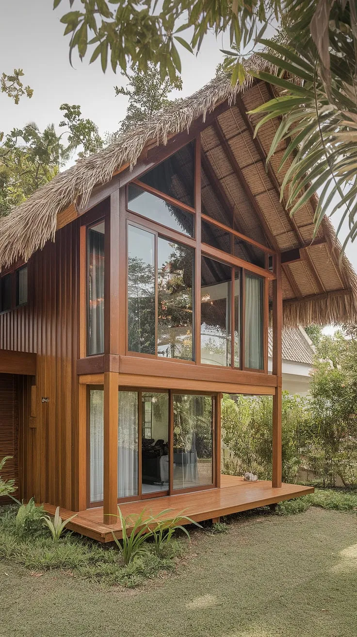Lush greenery surrounds a modern Thai bungalow showcasing traditional architecture and a thatched roof
