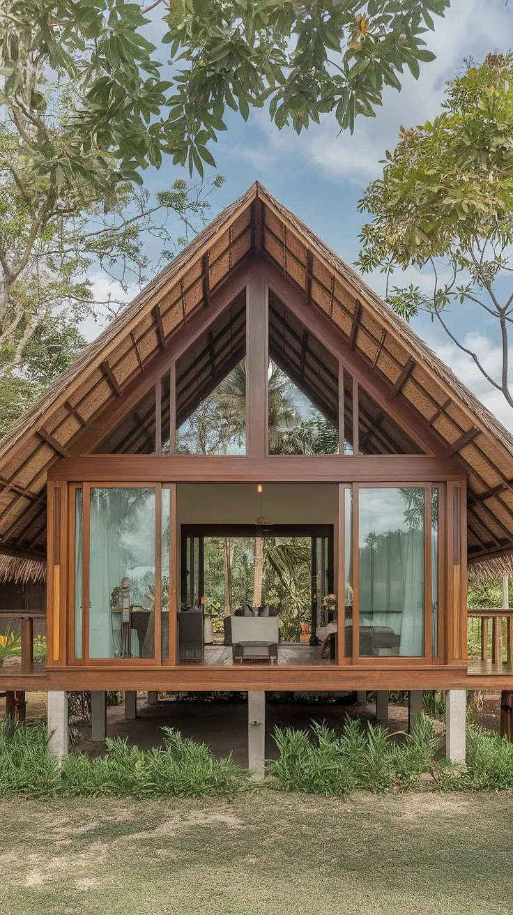 A minimalist Thai house on stilts, nestled in lush tropical greenery under a thatched roof and bright blue sky, epitomizes modern tropical house design.