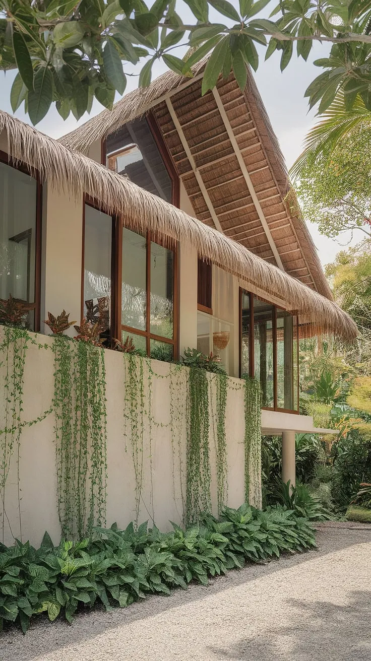 Lush greenery climbs a modern Thai stilt house with a thatched roof and large windows, showcasing tropical house design perfection.