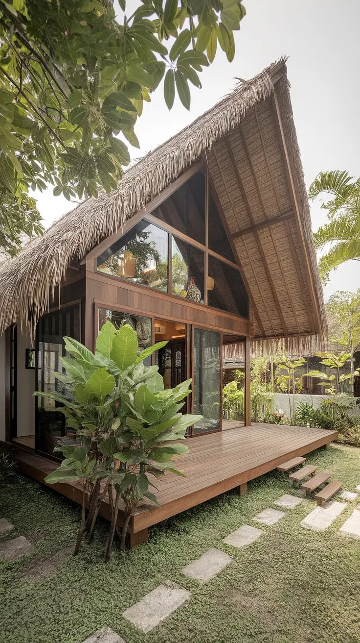Lush greenery surrounds a serene Thai house featuring a thatched roof and wooden deck, evoking tropical tranquility