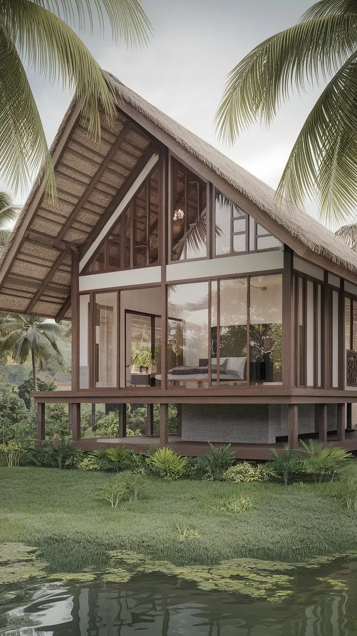 A modern Thai house on stilts, with a thatched roof and expansive windows, perfectly blends tropical design and serene natural beauty.