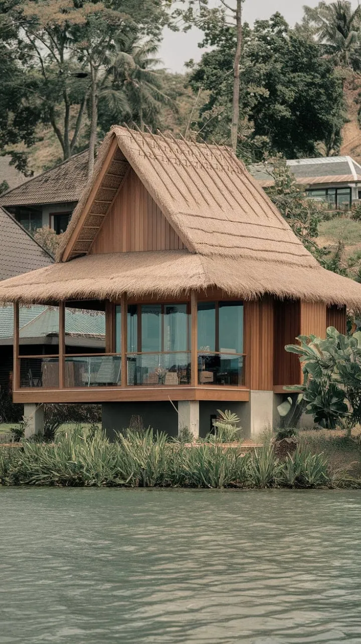 Experience the enchanting blend of modern architecture and tropical beauty in this stunning Thai home, a serene sanctuary that harmoniously embraces its lush surroundings by the water.