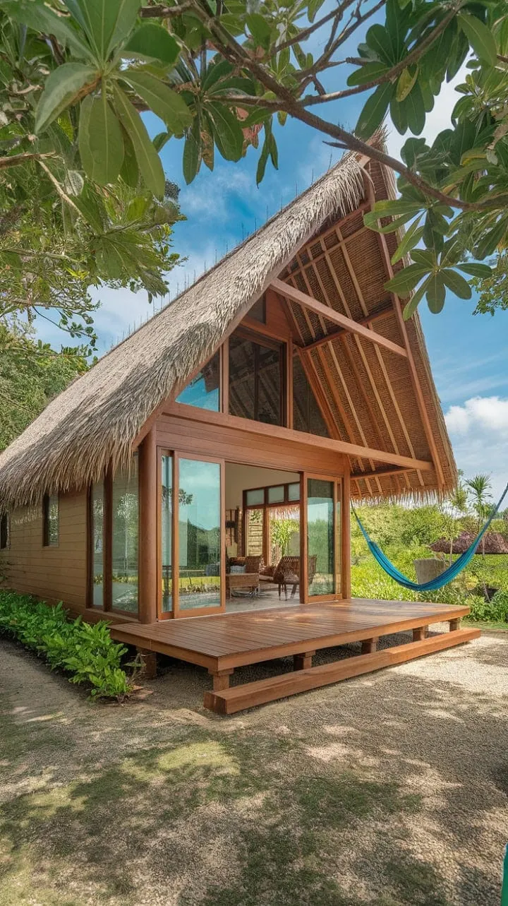 Experience a serene escape in this modern Thai home, where contemporary design harmonizes with lush tropical surroundings, inviting relaxation in a hammock amidst nature's beauty.