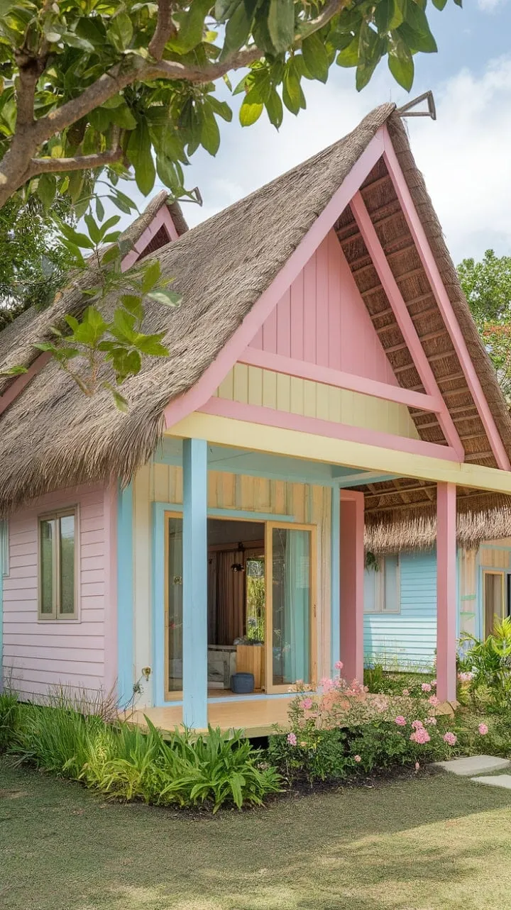 In this idyllic Thai village, pastel hues and tropical breezes harmonize with charming handcrafted architecture, creating a serene escape that beautifully blends modern comfort with traditional charm.