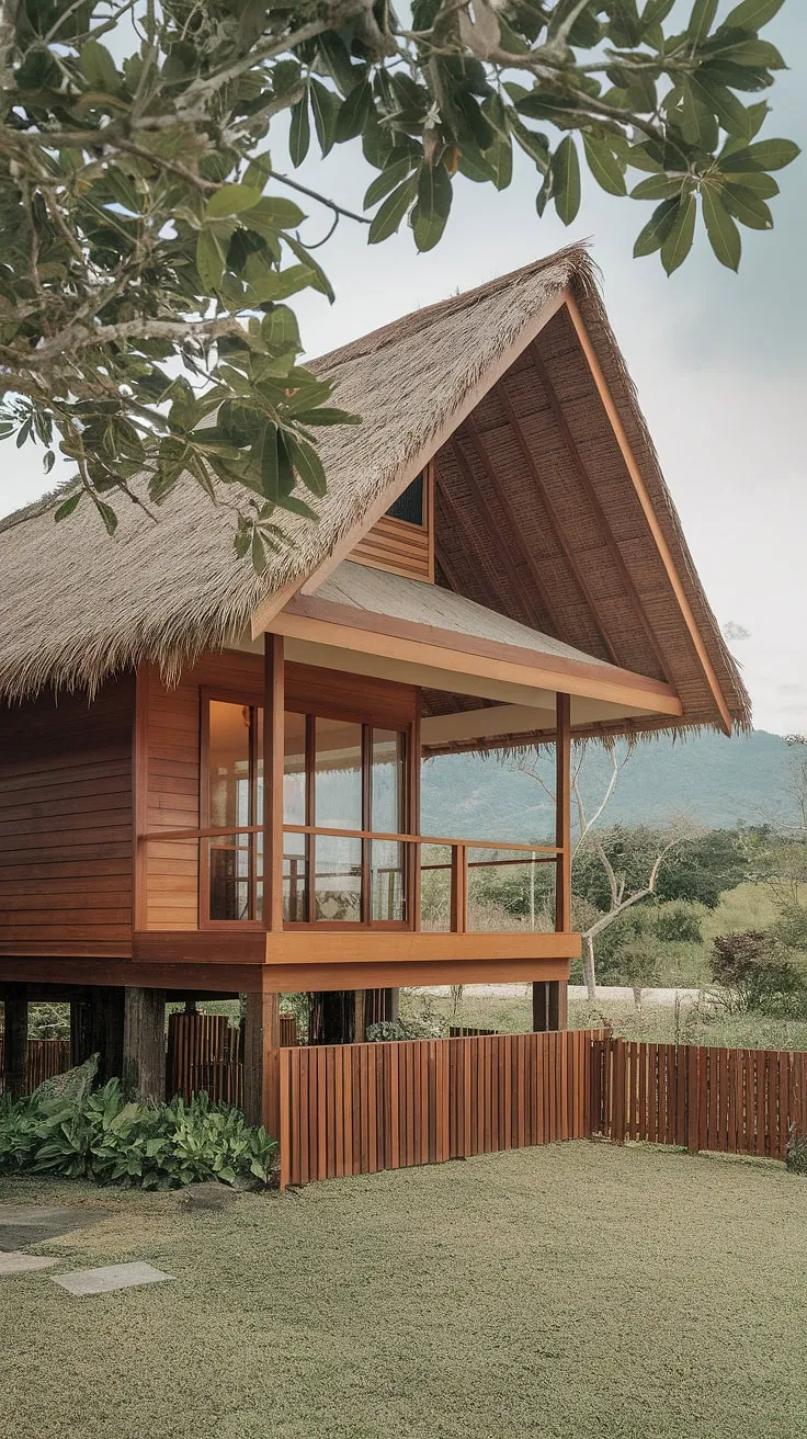 A stilted Thai wooden house with a thatched roof, nestled in lush greenery and overlooking tranquil mountains, epitomizes tropical house design.