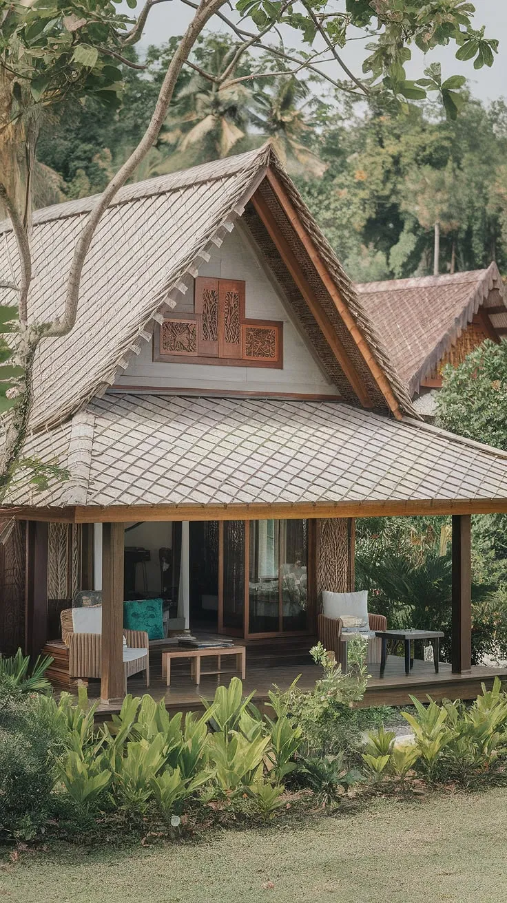 A thatched-roof wooden house offers idyllic island living surrounded by lush foliage