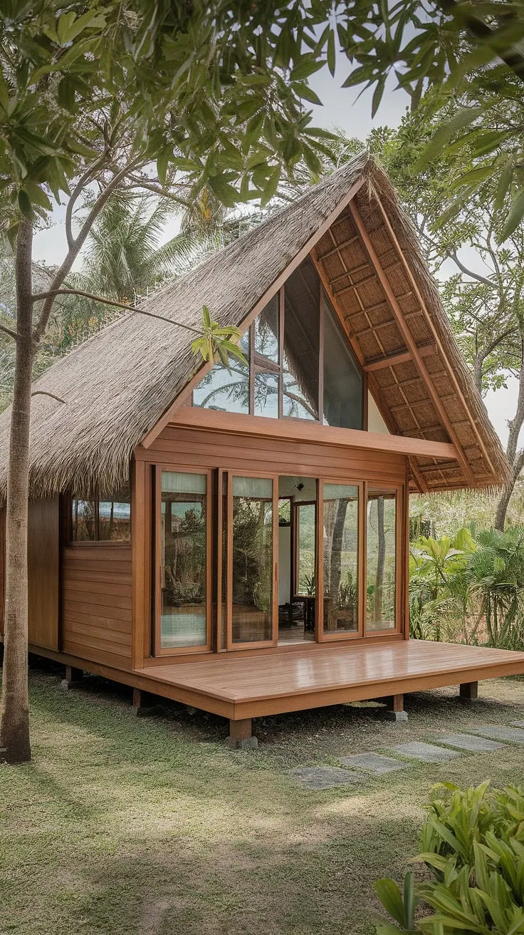 A tranquil Thai home blends modern architecture with traditional thatched roofing and natural surroundings.