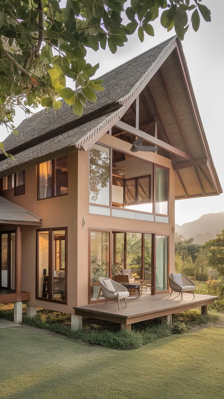 A modern Thai house on stilts blends wooden structure with thatched roof and lush surroundings for serene living.