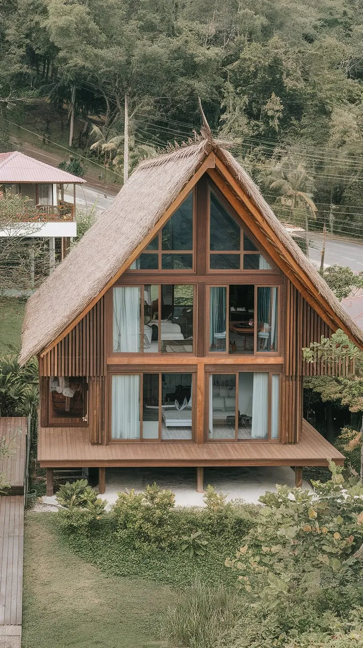 Elevated Thai architecture blends modern design with tropical influences, creating a serene home nestled in vibrant greenery