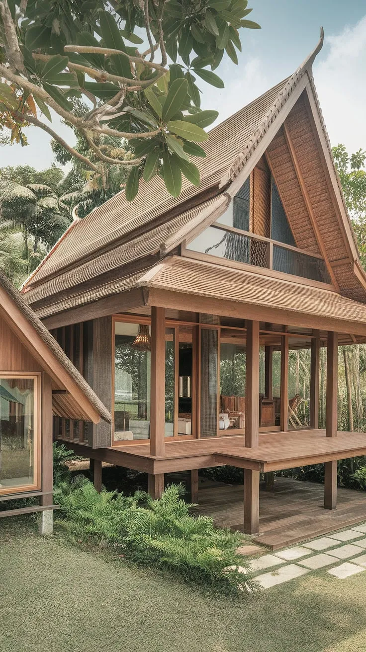 Elevated Thai architecture blends modern design with traditional elements and tropical surroundings