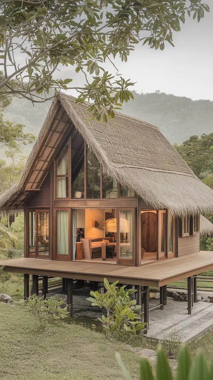 A modern Thai house, perched on stilts amidst lush greenery, exemplifies tropical house design with its thatched roof, expansive windows, and wooden deck overlooking serene mountains.