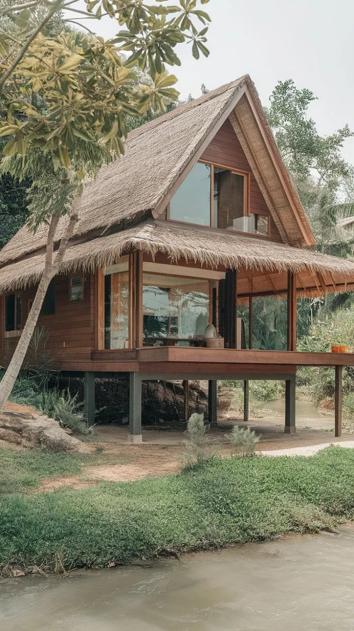 Discover a serene Thai retreat where contemporary elegance intertwines with timeless allure, inviting you to unwind by the tranquil river amidst vibrant greenery.