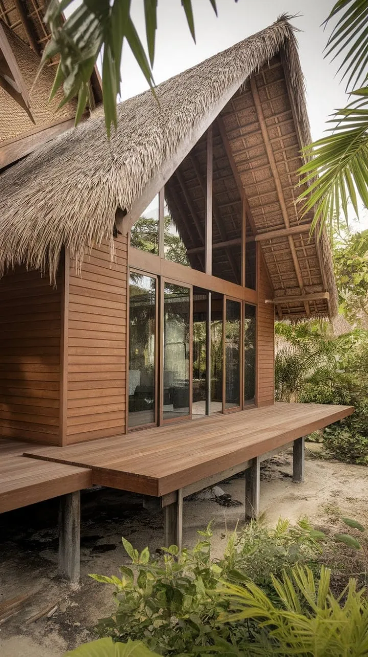 Discover a serene sanctuary in this modern Thai home, where sleek architecture harmonizes with traditional thatched roofing amidst lush tropical beauty.