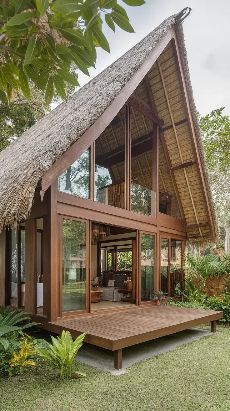 Lush greenery surrounds a modern Thai house featuring a traditional thatched roof and wooden deck, perfectly embodying tropical house design.